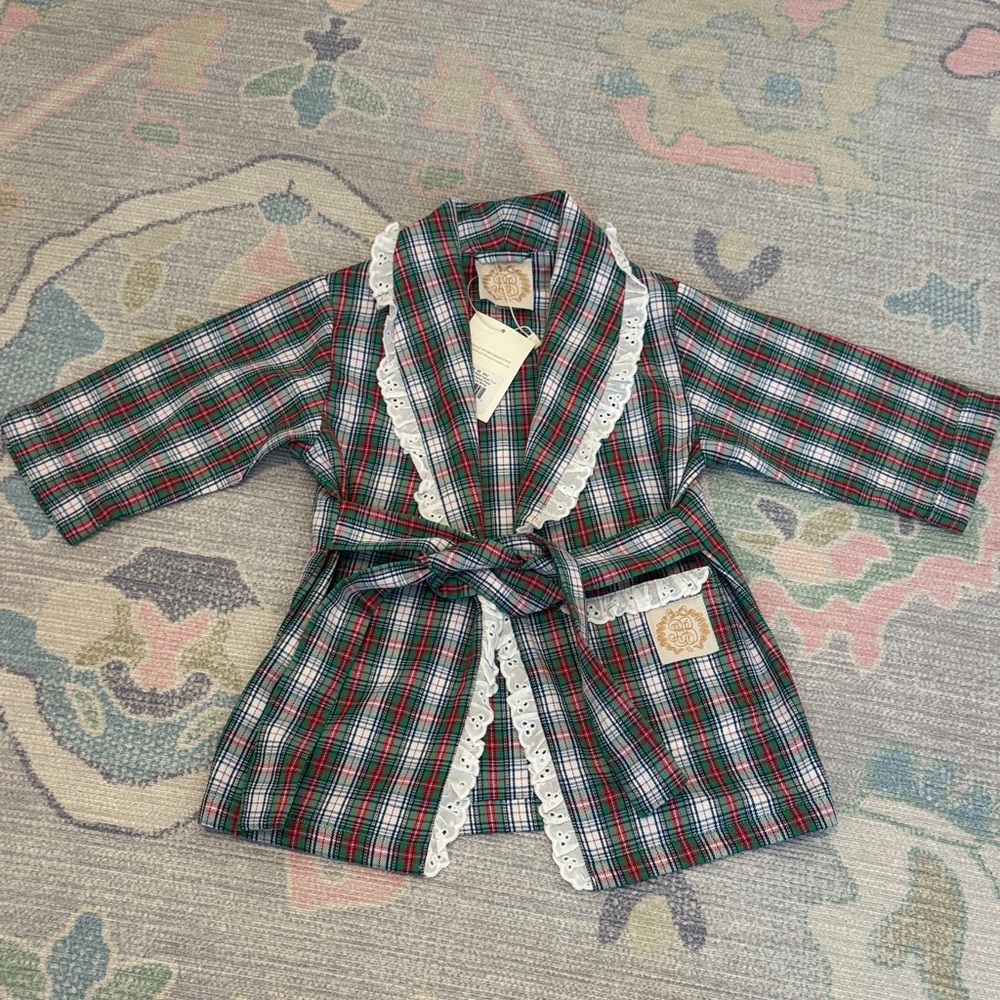 The Beaufort Bonnet Company Green and Red Plaid Kids Robe with Lace Trim (2T)